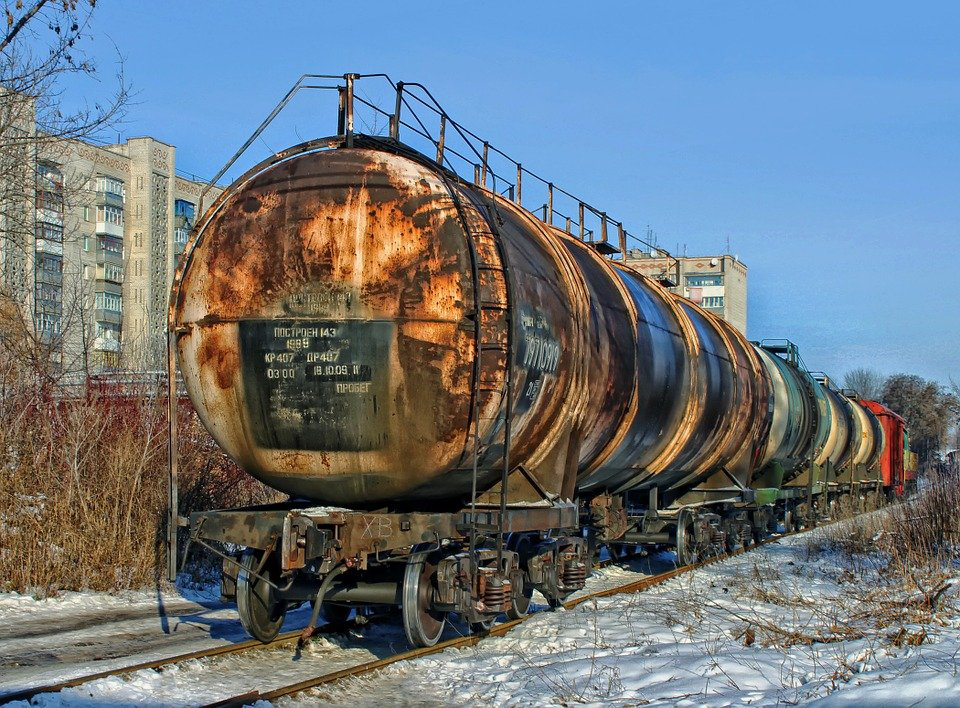 Ukranian water tank train damaged on the railway in the snow